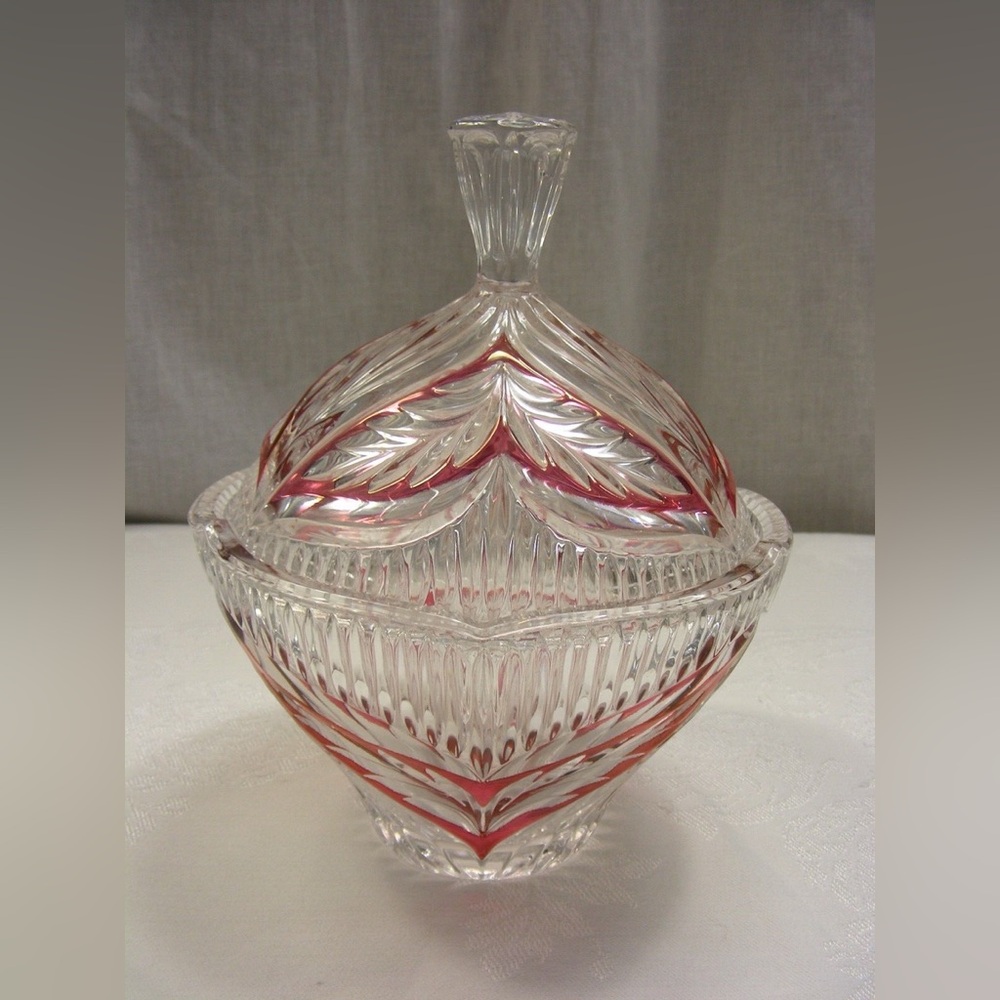 Elegant Vintage Crystal Candy Dish w/ Ruby Flash Art Deco Design